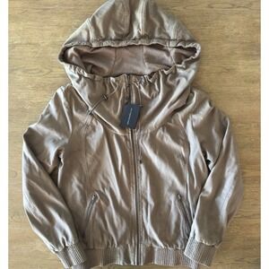 NEW MUUBAA‎ Sheepskin Funnel Neck Hooded Bomber Jacket-Fawn Grey-Sze Lge-NWT